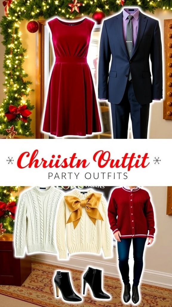 Collage of Christmas party outfits including a red dress, navy suit, and cozy sweaters against a festive background.